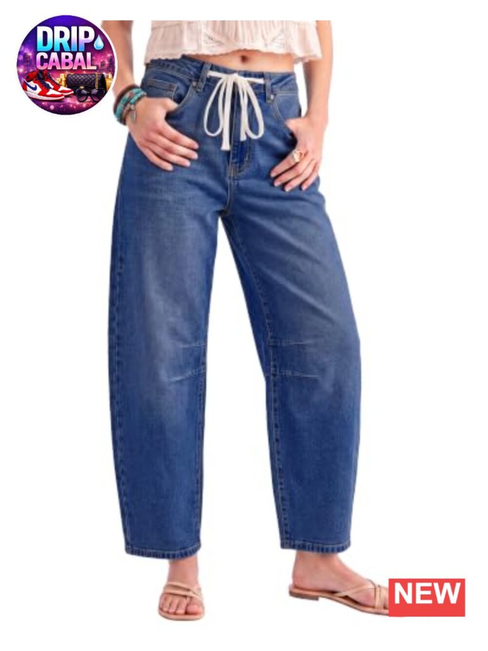 High Waisted Drawstring Baggy Barrel Jeans for Women, Stretchy Denim Pants